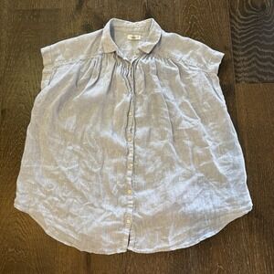 ARTISAN NY Shirt Womens Medium Blue 100% Linen Short Sleeve Button Front Top